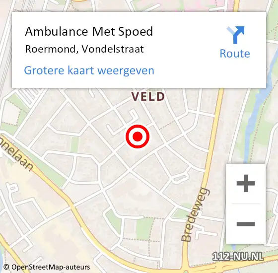 Locatie op kaart van de 112 melding: Ambulance Met Spoed Naar Roermond, Vondelstraat op 25 maart 2024 17:11