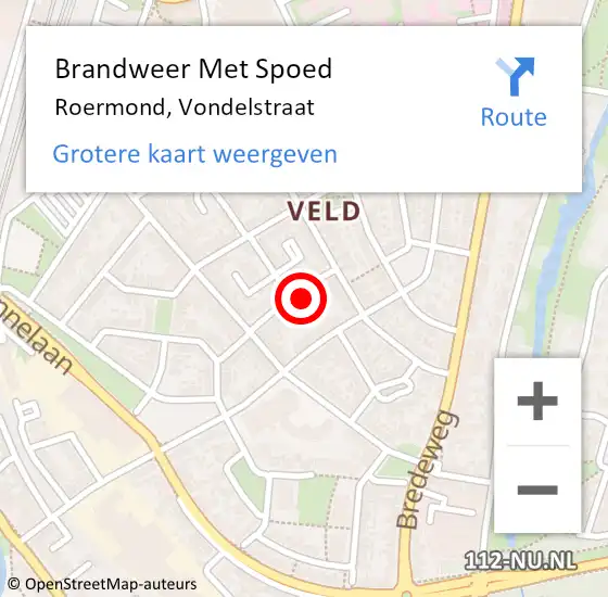 Locatie op kaart van de 112 melding: Brandweer Met Spoed Naar Roermond, Vondelstraat op 25 maart 2024 17:32