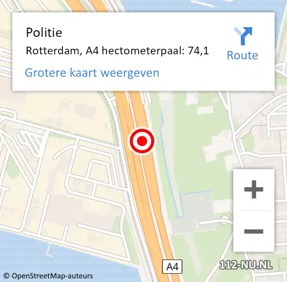 Locatie op kaart van de 112 melding: Politie Rotterdam, A4 hectometerpaal: 74,1 op 25 maart 2024 17:45