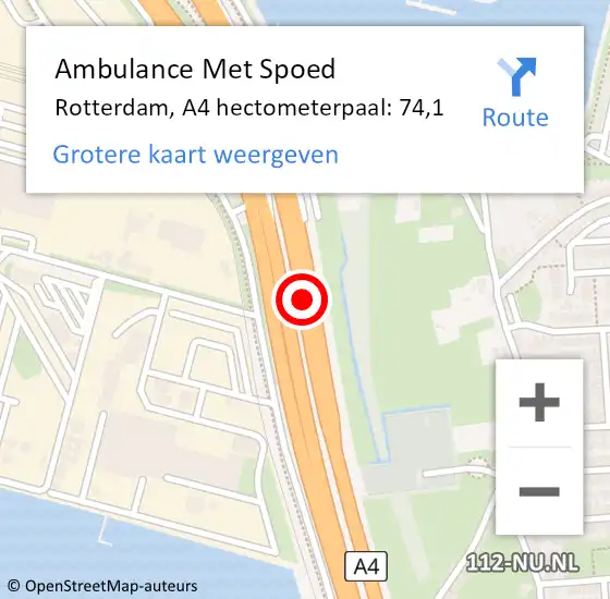 Locatie op kaart van de 112 melding: Ambulance Met Spoed Naar Rotterdam, A4 hectometerpaal: 74,1 op 25 maart 2024 17:59
