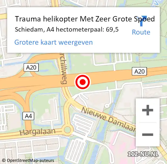 Locatie op kaart van de 112 melding: Trauma helikopter Met Zeer Grote Spoed Naar Schiedam, A4 hectometerpaal: 69,5 op 25 maart 2024 23:24