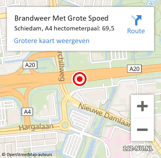 Locatie op kaart van de 112 melding: Brandweer Met Grote Spoed Naar Schiedam, A4 hectometerpaal: 69,5 op 25 maart 2024 23:24