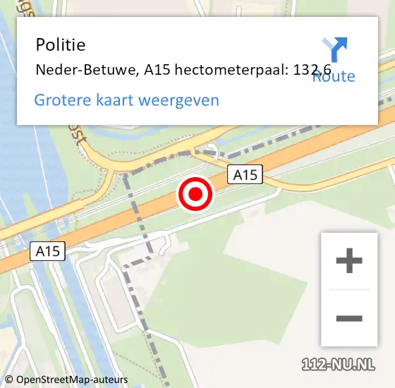 Locatie op kaart van de 112 melding: Politie Neder-Betuwe, A15 hectometerpaal: 132,6 op 26 maart 2024 06:36
