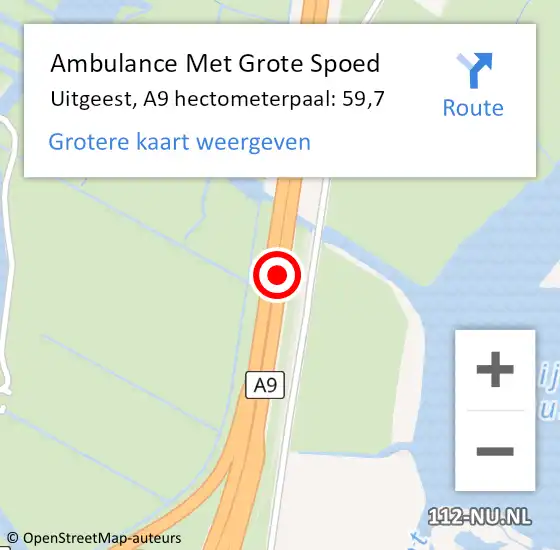 Locatie op kaart van de 112 melding: Ambulance Met Grote Spoed Naar Uitgeest, A9 hectometerpaal: 59,7 op 26 maart 2024 07:56