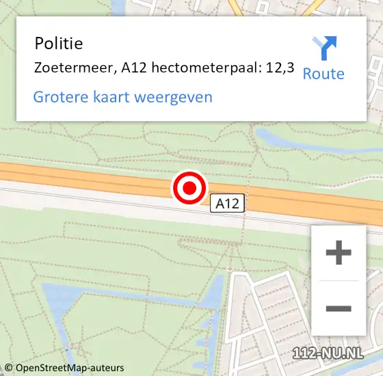 Locatie op kaart van de 112 melding: Politie Zoetermeer, A12 hectometerpaal: 12,3 op 26 maart 2024 08:48