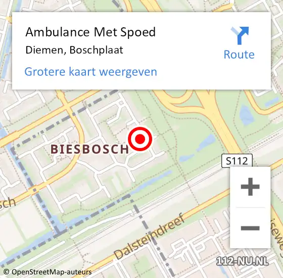 Locatie op kaart van de 112 melding: Ambulance Met Spoed Naar Diemen, Boschplaat op 26 maart 2024 10:20