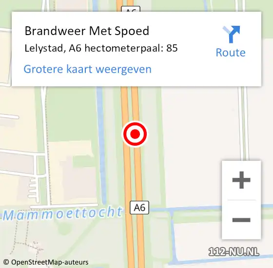 Locatie op kaart van de 112 melding: Brandweer Met Spoed Naar Lelystad, A6 hectometerpaal: 85 op 26 maart 2024 13:00