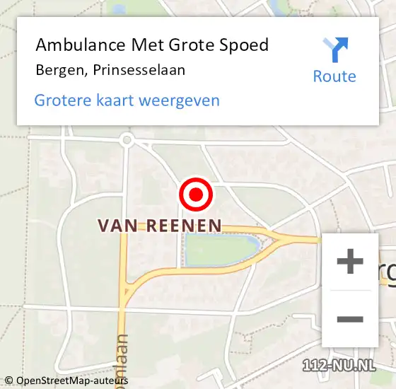 Locatie op kaart van de 112 melding: Ambulance Met Grote Spoed Naar Bergen, Prinsesselaan op 26 maart 2024 13:38