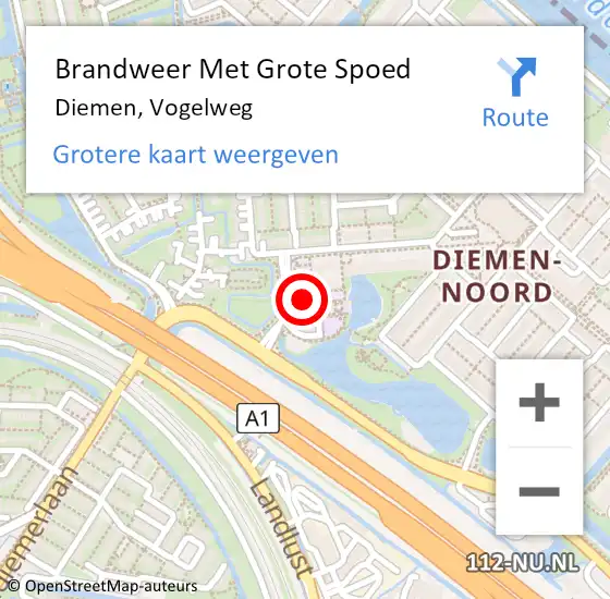 Locatie op kaart van de 112 melding: Brandweer Met Grote Spoed Naar Diemen, Vogelweg op 26 maart 2024 14:02