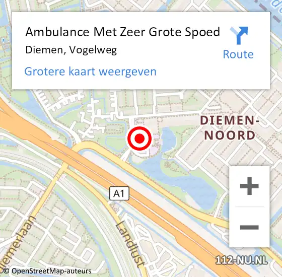 Locatie op kaart van de 112 melding: Ambulance Met Zeer Grote Spoed Naar Diemen, Vogelweg op 26 maart 2024 14:03