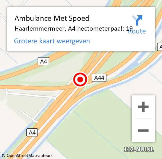 Locatie op kaart van de 112 melding: Ambulance Met Spoed Naar Haarlemmermeer, A4 hectometerpaal: 19 op 26 maart 2024 15:07