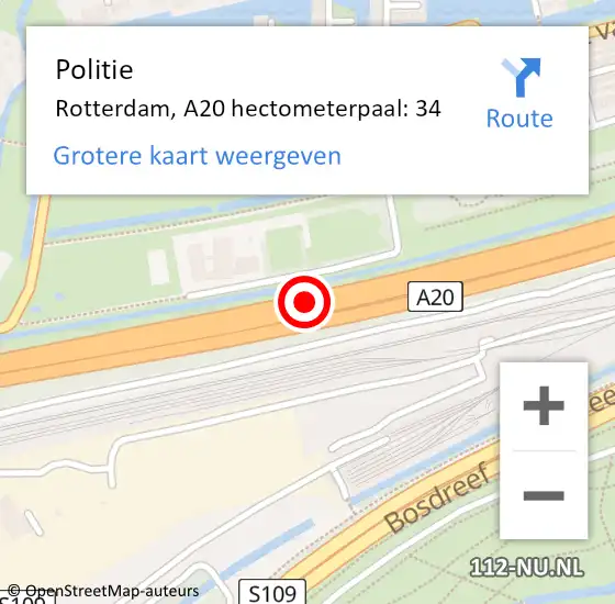 Locatie op kaart van de 112 melding: Politie Rotterdam, A20 hectometerpaal: 34 op 26 maart 2024 15:32