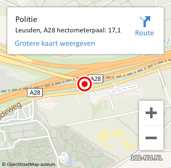 Locatie op kaart van de 112 melding: Politie Leusden, A28 hectometerpaal: 17,1 op 26 maart 2024 16:53