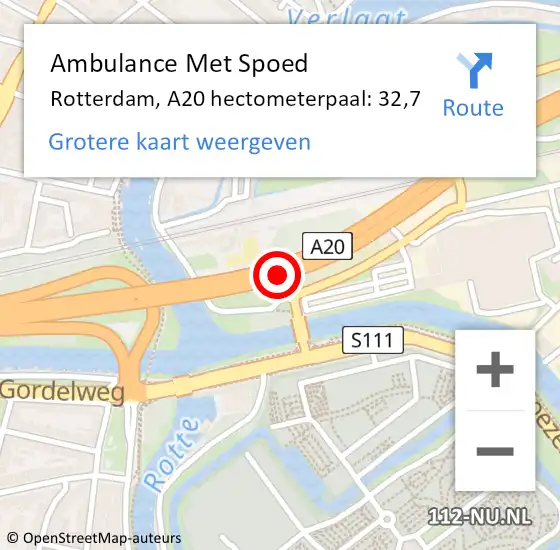 Locatie op kaart van de 112 melding: Ambulance Met Spoed Naar Rotterdam, A20 hectometerpaal: 32,7 op 26 maart 2024 21:13