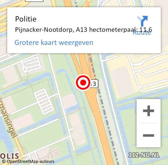 Locatie op kaart van de 112 melding: Politie Pijnacker-Nootdorp, A13 hectometerpaal: 11,6 op 27 maart 2024 01:23
