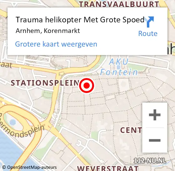 Locatie op kaart van de 112 melding: Trauma helikopter Met Grote Spoed Naar Arnhem, Korenmarkt op 27 maart 2024 01:35