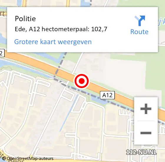 Locatie op kaart van de 112 melding: Politie Ede, A12 hectometerpaal: 102,7 op 27 maart 2024 01:52