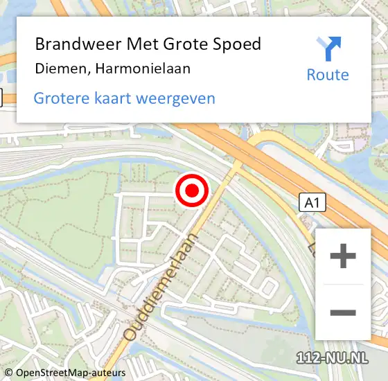 Locatie op kaart van de 112 melding: Brandweer Met Grote Spoed Naar Diemen, Harmonielaan op 27 maart 2024 10:24