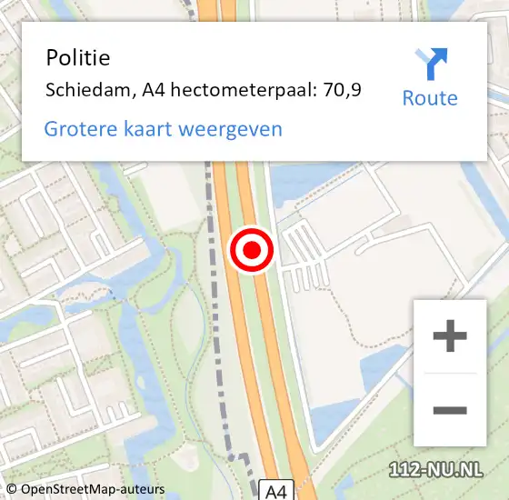 Locatie op kaart van de 112 melding: Politie Schiedam, A4 hectometerpaal: 70,9 op 27 maart 2024 11:06