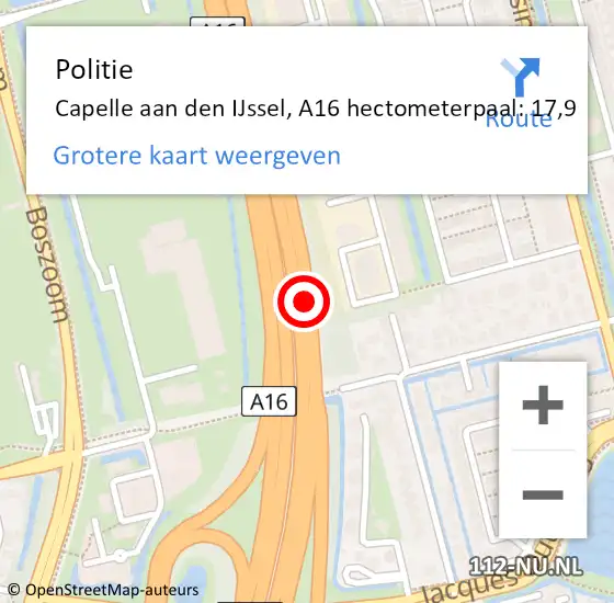 Locatie op kaart van de 112 melding: Politie Capelle aan den IJssel, A16 hectometerpaal: 17,9 op 27 maart 2024 13:59