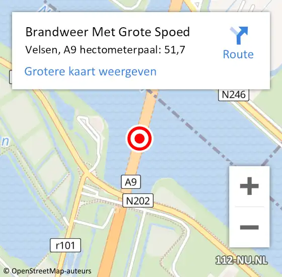 Locatie op kaart van de 112 melding: Brandweer Met Grote Spoed Naar Velsen, A9 hectometerpaal: 51,7 op 27 maart 2024 14:55