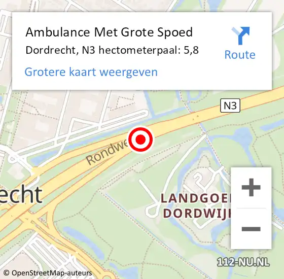 Locatie op kaart van de 112 melding: Ambulance Met Grote Spoed Naar Dordrecht, N3 hectometerpaal: 5,8 op 27 maart 2024 14:58