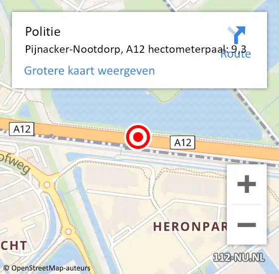Locatie op kaart van de 112 melding: Politie Pijnacker-Nootdorp, A12 hectometerpaal: 9,3 op 27 maart 2024 15:47