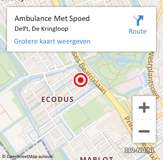 Locatie op kaart van de 112 melding: Ambulance Met Spoed Naar Delft, De Kringloop op 27 maart 2024 16:17