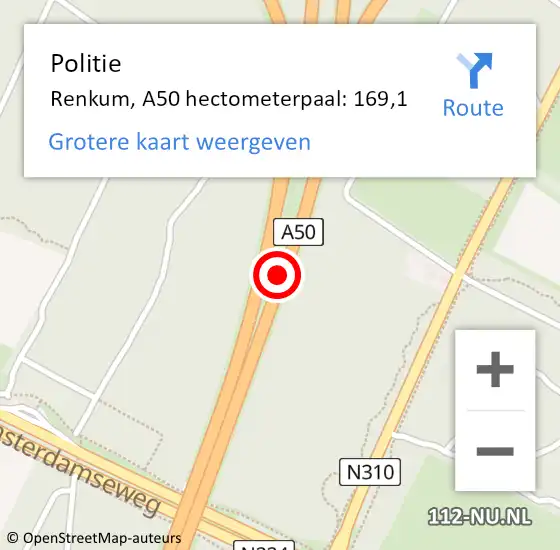 Locatie op kaart van de 112 melding: Politie Renkum, A50 hectometerpaal: 169,1 op 27 maart 2024 16:18