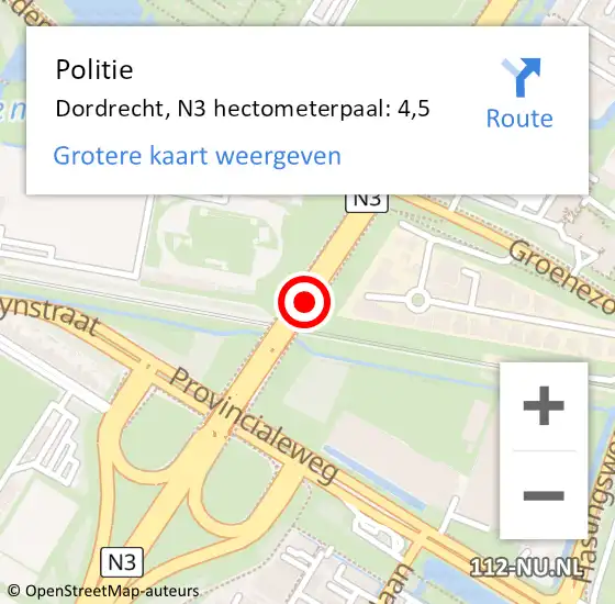 Locatie op kaart van de 112 melding: Politie Dordrecht, N3 hectometerpaal: 4,5 op 27 maart 2024 17:18