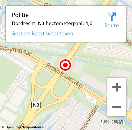 Locatie op kaart van de 112 melding: Politie Dordrecht, N3 hectometerpaal: 4,6 op 27 maart 2024 17:22