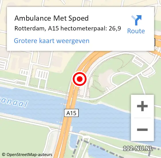 Locatie op kaart van de 112 melding: Ambulance Met Spoed Naar Rotterdam, A15 hectometerpaal: 26,9 op 27 maart 2024 17:38