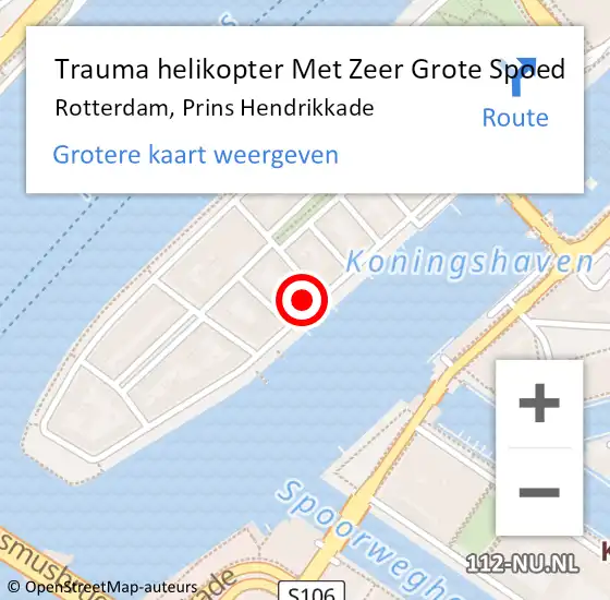 Locatie op kaart van de 112 melding: Trauma helikopter Met Zeer Grote Spoed Naar Rotterdam, Prins Hendrikkade op 27 maart 2024 17:53