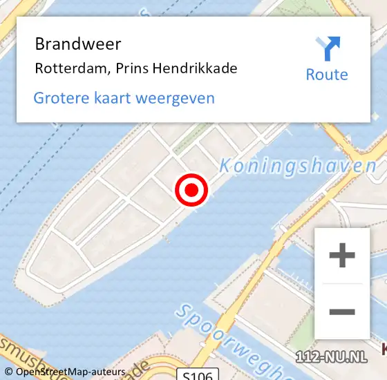 Locatie op kaart van de 112 melding: Brandweer Rotterdam, Prins Hendrikkade op 27 maart 2024 18:03