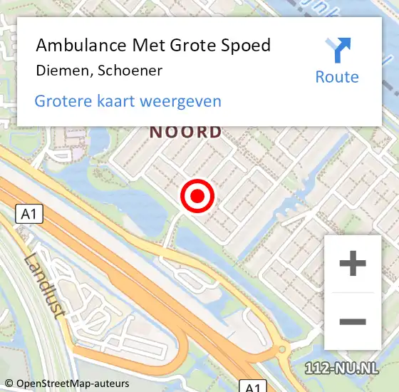 Locatie op kaart van de 112 melding: Ambulance Met Grote Spoed Naar Diemen, Schoener op 27 maart 2024 23:48