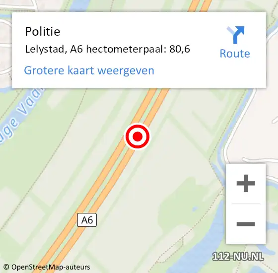 Locatie op kaart van de 112 melding: Politie Lelystad, A6 hectometerpaal: 80,6 op 28 maart 2024 00:09