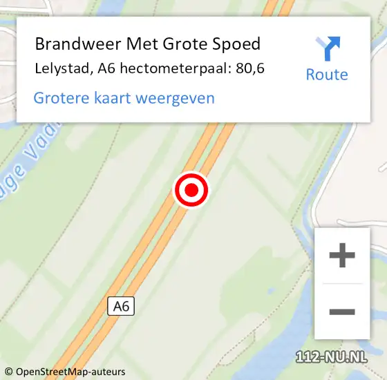 Locatie op kaart van de 112 melding: Brandweer Met Grote Spoed Naar Lelystad, A6 hectometerpaal: 80,6 op 28 maart 2024 00:10