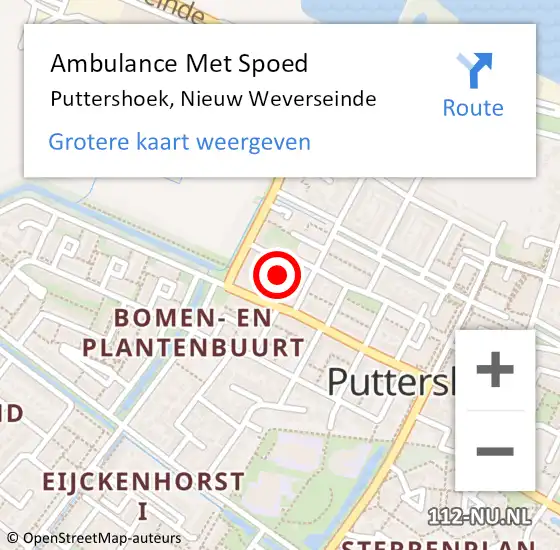 Locatie op kaart van de 112 melding: Ambulance Met Spoed Naar Puttershoek, Nieuw Weverseinde op 28 maart 2024 05:19