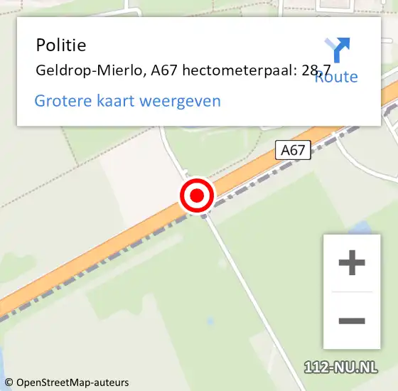 Locatie op kaart van de 112 melding: Politie Geldrop-Mierlo, A67 hectometerpaal: 28,7 op 28 maart 2024 07:26