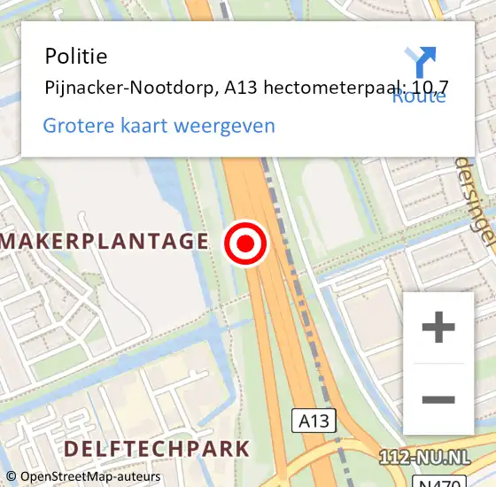 Locatie op kaart van de 112 melding: Politie Pijnacker-Nootdorp, A13 hectometerpaal: 10,7 op 28 maart 2024 08:03