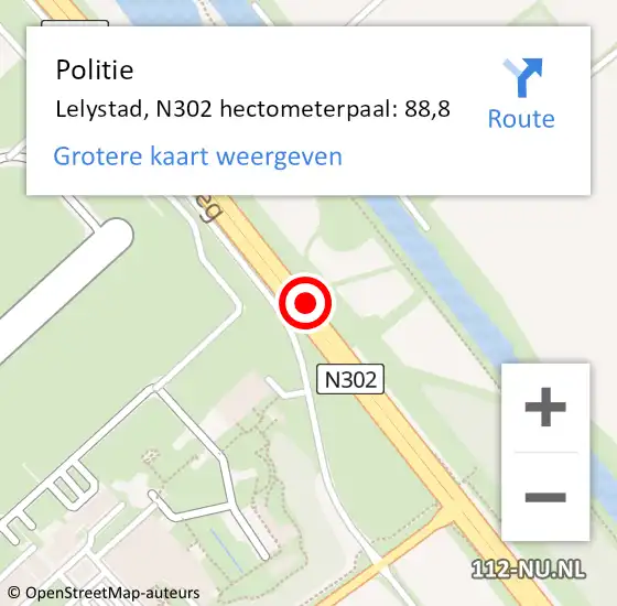 Locatie op kaart van de 112 melding: Politie Lelystad, N302 hectometerpaal: 88,8 op 28 maart 2024 09:07