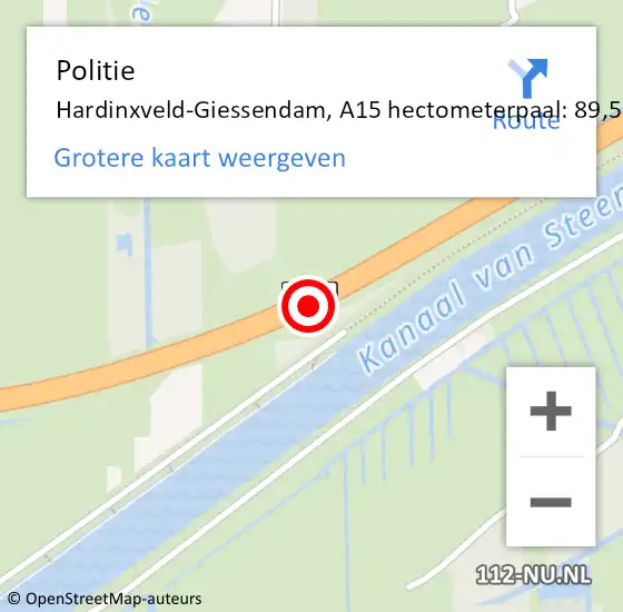 Locatie op kaart van de 112 melding: Politie Hardinxveld-Giessendam, A15 hectometerpaal: 89,5 op 28 maart 2024 09:46