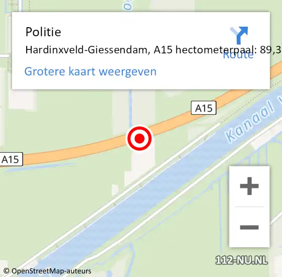 Locatie op kaart van de 112 melding: Politie Hardinxveld-Giessendam, A15 hectometerpaal: 89,3 op 28 maart 2024 09:46