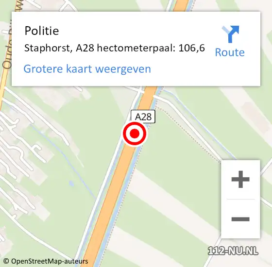 Locatie op kaart van de 112 melding: Politie Staphorst, A28 hectometerpaal: 106,6 op 28 maart 2024 11:05