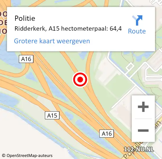 Locatie op kaart van de 112 melding: Politie Ridderkerk, A15 hectometerpaal: 64,4 op 28 maart 2024 11:57