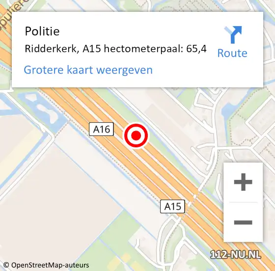 Locatie op kaart van de 112 melding: Politie Ridderkerk, A15 hectometerpaal: 65,4 op 28 maart 2024 12:43