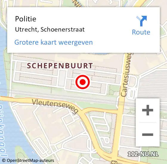 Locatie op kaart van de 112 melding: Politie Utrecht, Schoenerstraat op 28 maart 2024 12:47