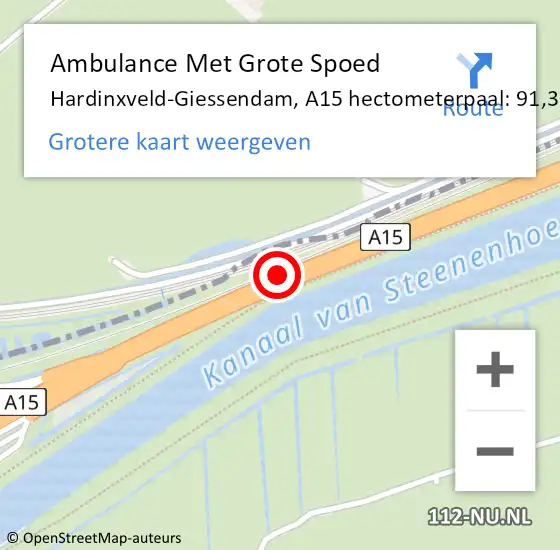 Locatie op kaart van de 112 melding: Ambulance Met Grote Spoed Naar Hardinxveld-Giessendam, A15 hectometerpaal: 91,3 op 28 maart 2024 14:36