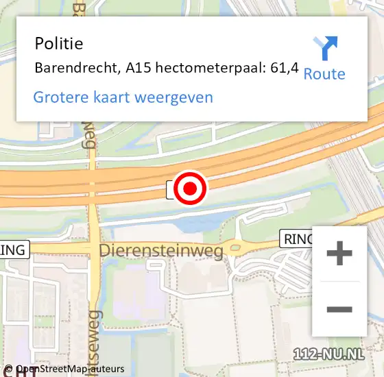 Locatie op kaart van de 112 melding: Politie Barendrecht, A15 hectometerpaal: 61,4 op 28 maart 2024 15:44