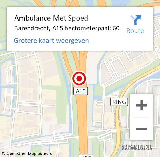Locatie op kaart van de 112 melding: Ambulance Met Spoed Naar Barendrecht, A15 hectometerpaal: 60 op 28 maart 2024 15:51